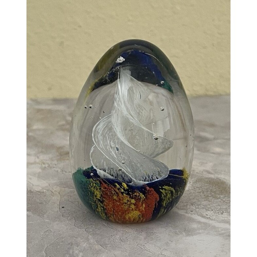 Art Glass Blue Yellow Red White Swirl Helix Controlled Bubbles Paperweight 3.5"